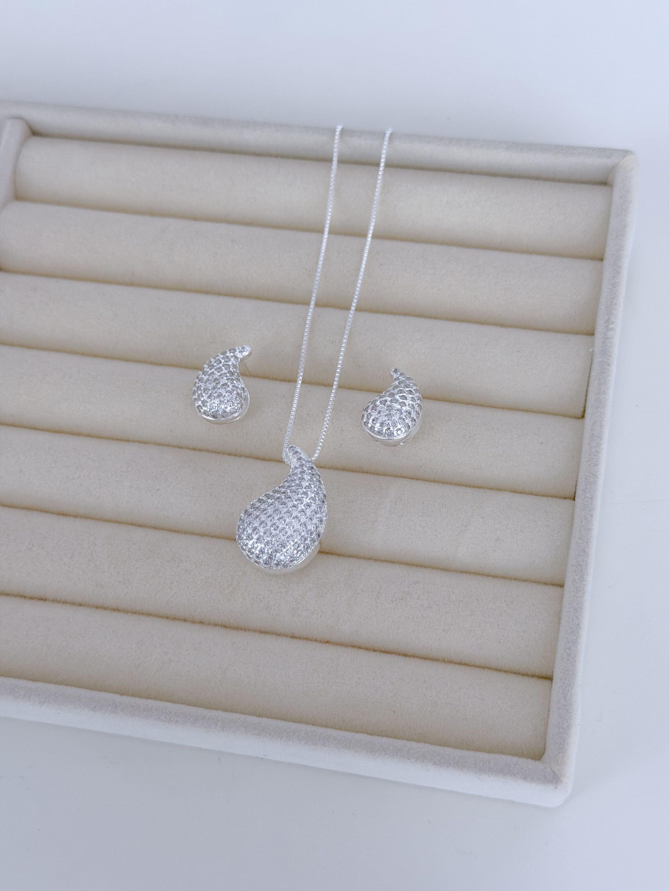 Conjunto gota abaulada cravejada G - Prata cod730
