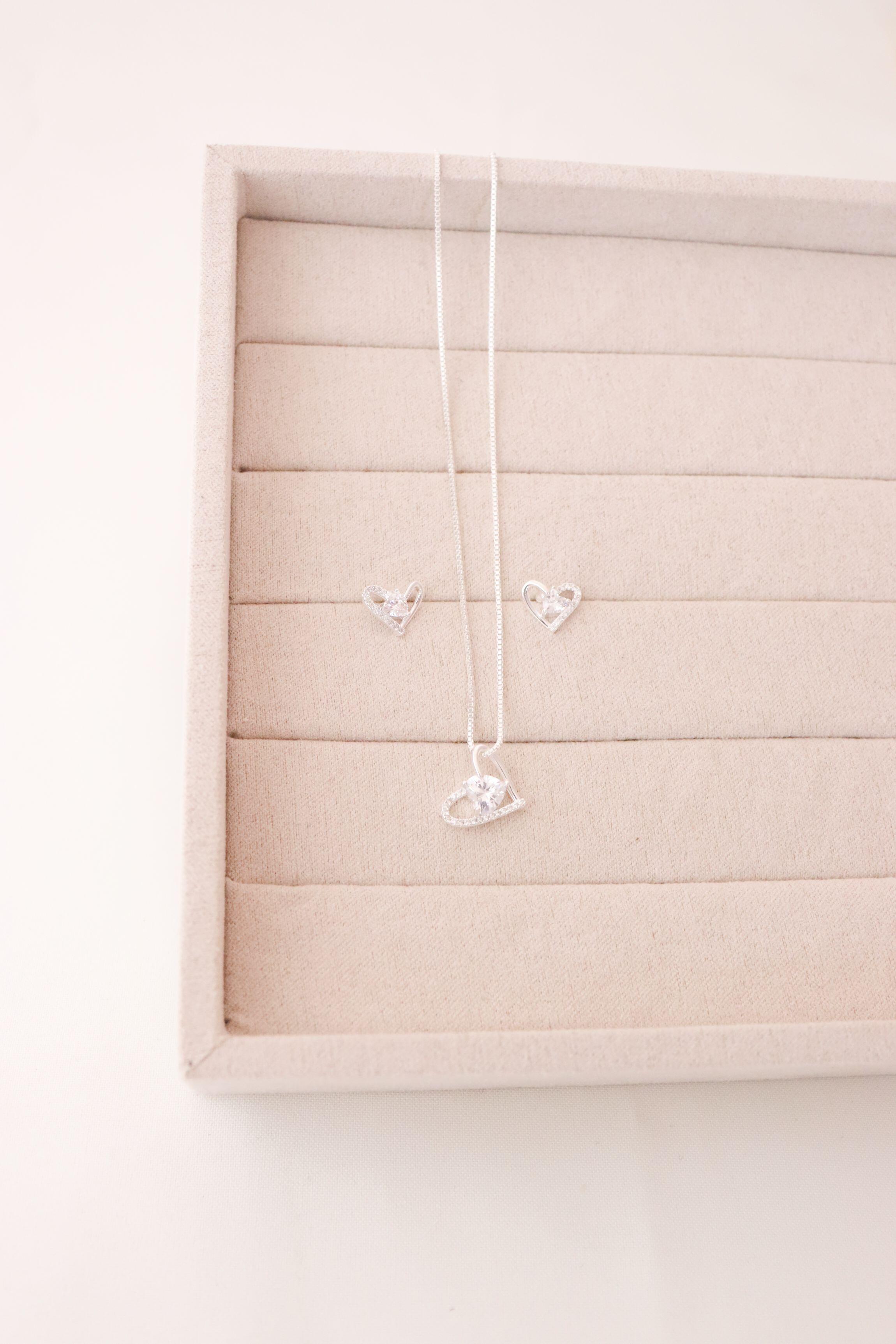 Conjunto coração liso/cravejado zircônia - Prata cod613