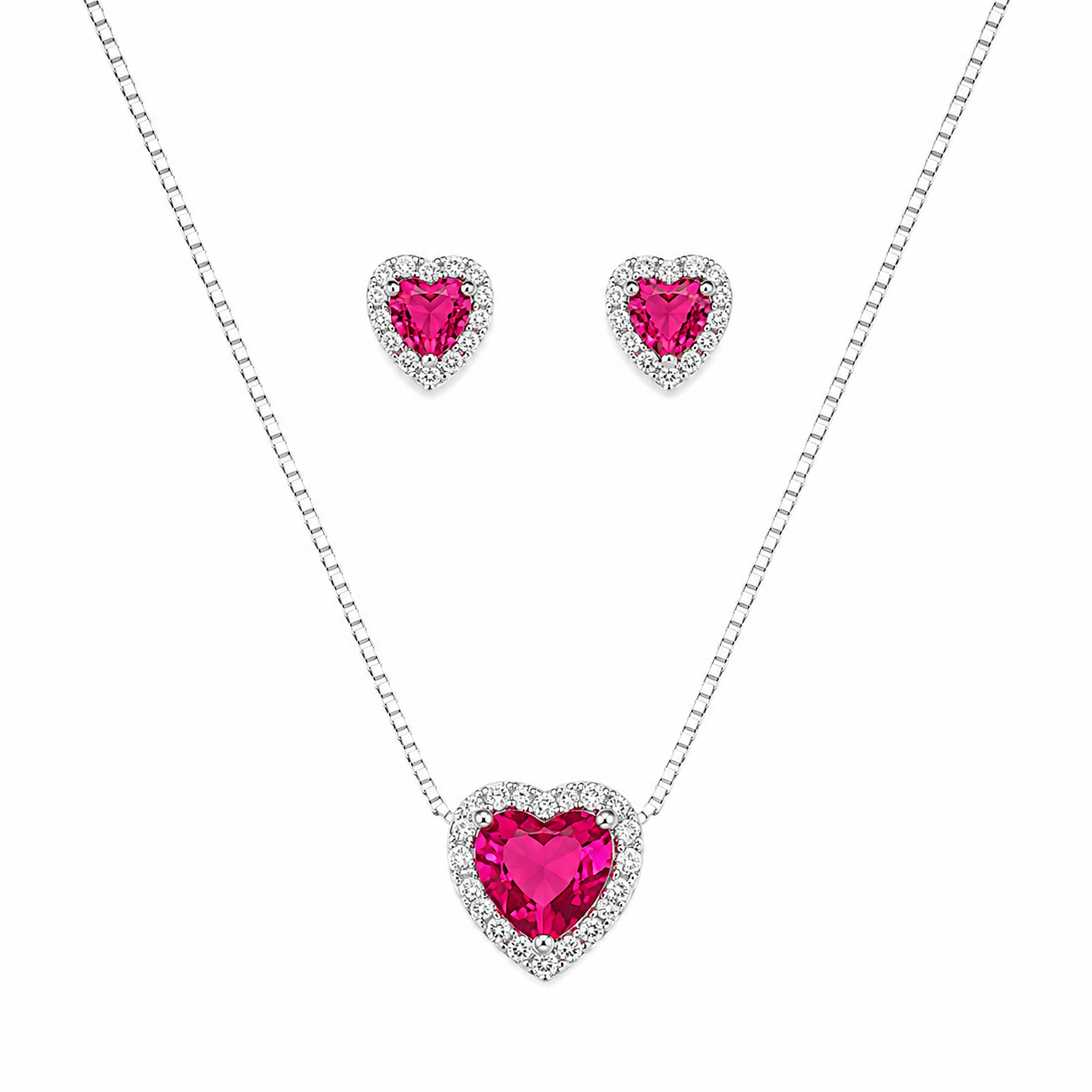 Conjunto coração cravejado fucsia - Prata cod1729