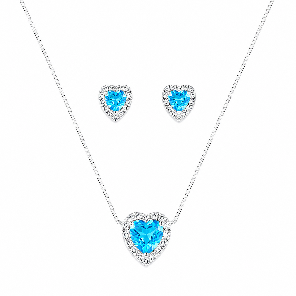 Conjunto coração cravejado azul ocean - Prata cod1497