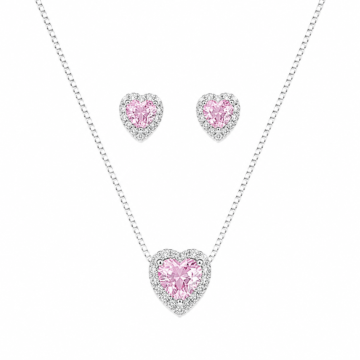 Conjunto coração cravejado rosa claro - Prata cod1324