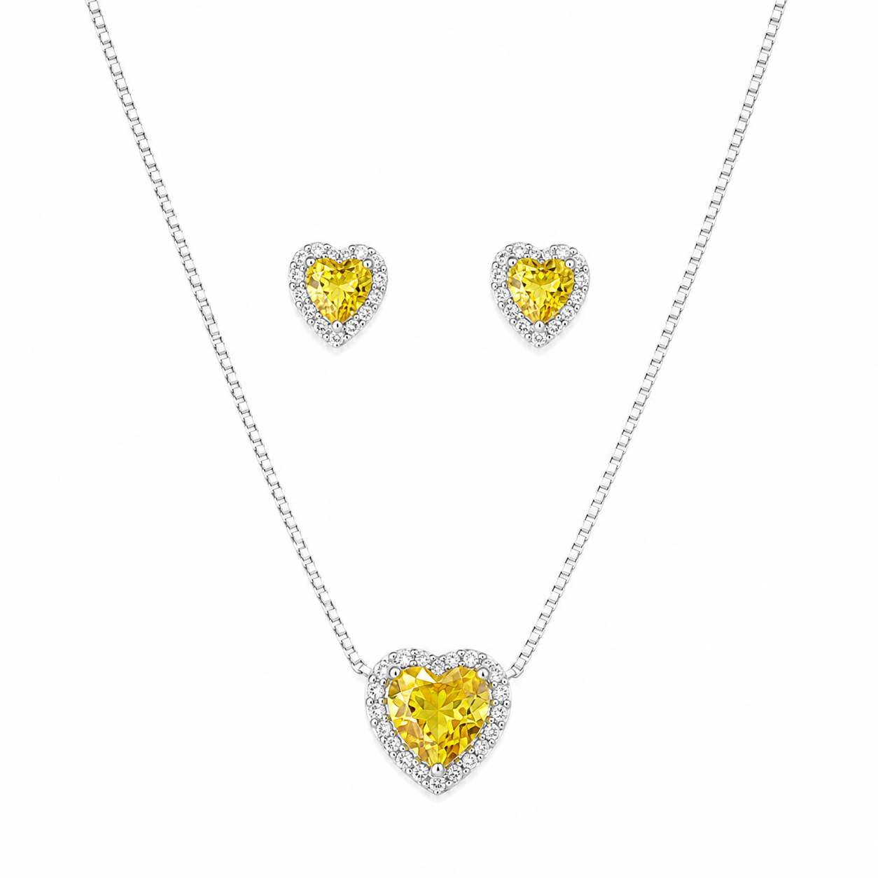 Conjunto coração cravejado amarelo - Prata cod973