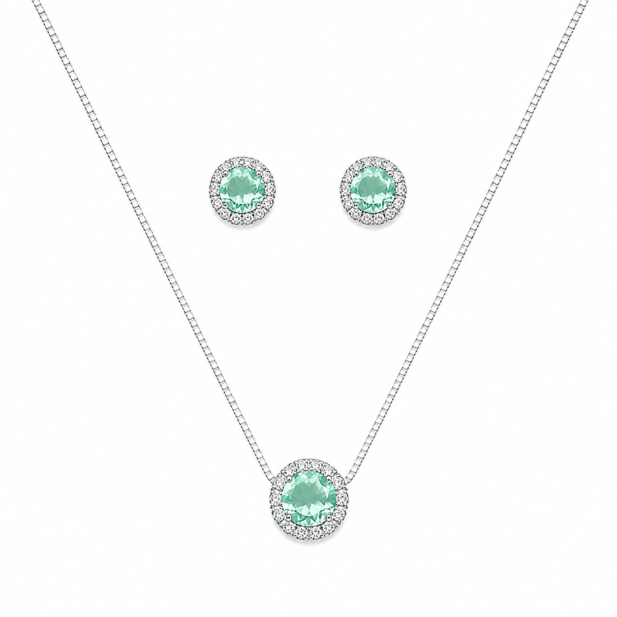 Conjunto redondo cravejado verde claro - Prata cod1142