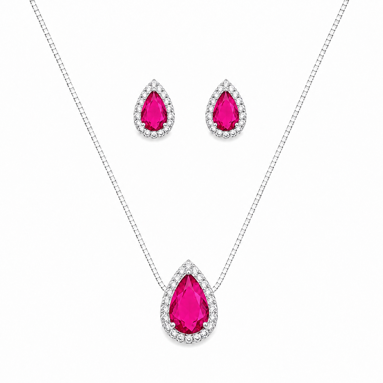 Conjunto gota cravejada fucsia - Prata cod1081