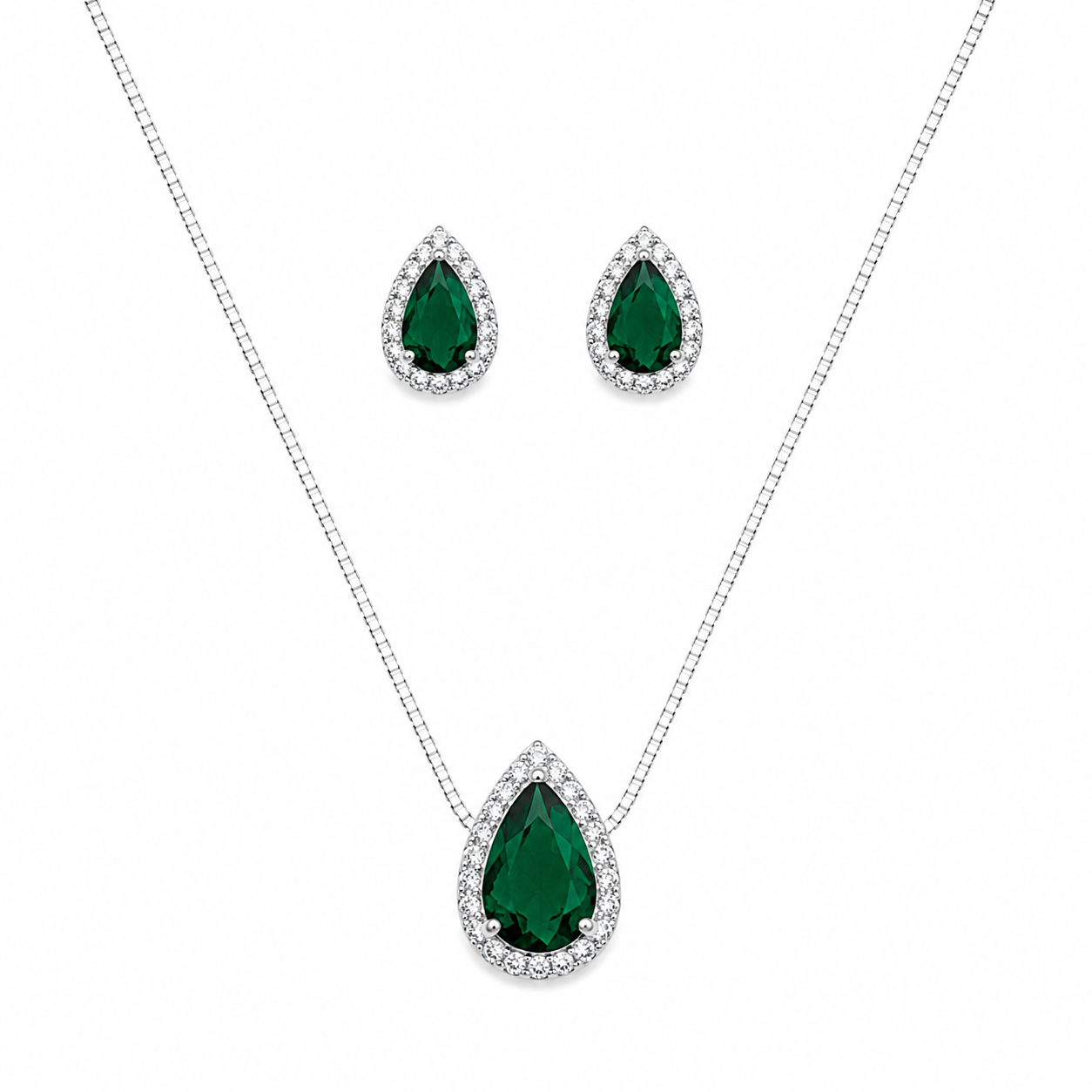 Conjunto gota cravejada verde esmeralda - Prata cod462