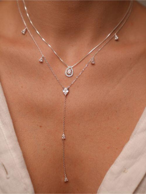 Conjunto Colar e Brinco Gota com Moldura de Prata