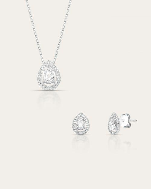 Conjunto Colar e Brinco Gota com Moldura de Prata