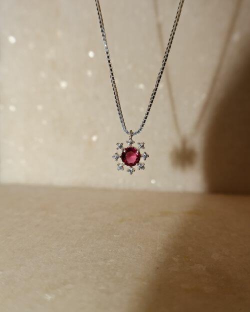 Conjunto Colar e Brinco Ponto de Luz Rubelita com Moldura de Prata