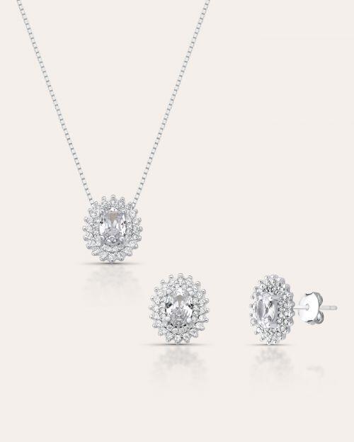 Conjunto Colar e Brinco de Prata Oval Cravejado Winter