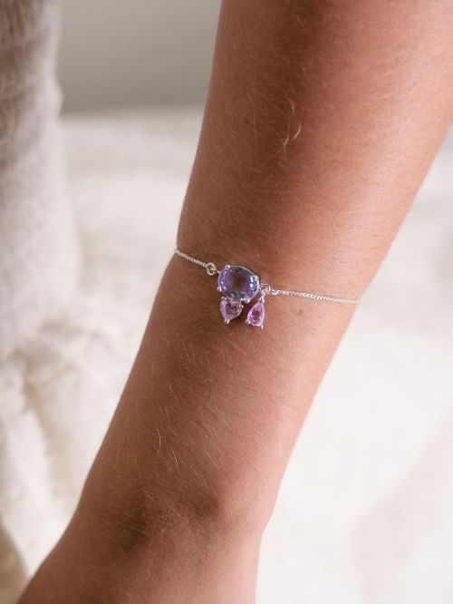 Pulseira de Prata com Zirc�nias Lavanda e Rosa