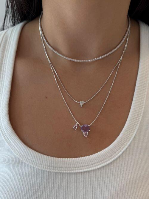 Colar de Prata com Zircônias Lavanda e Rosa