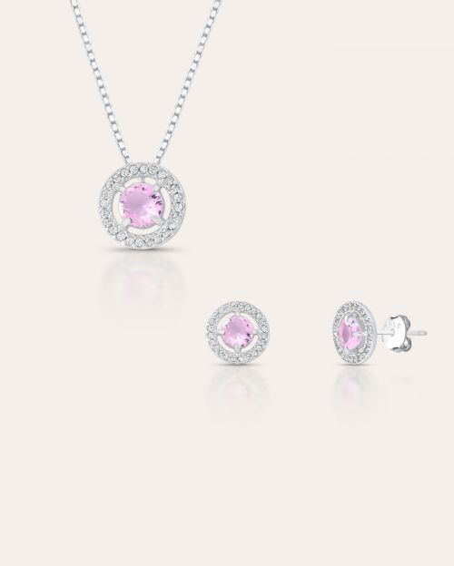 Conjunto de Prata C�rculo Rosa com Moldura