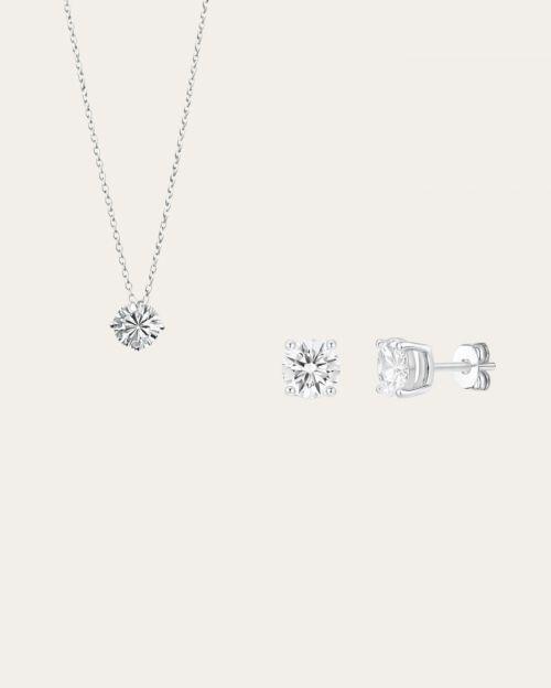 Conjunto Colar e Brinco Solit�rio Ponto de Luz de Prata
