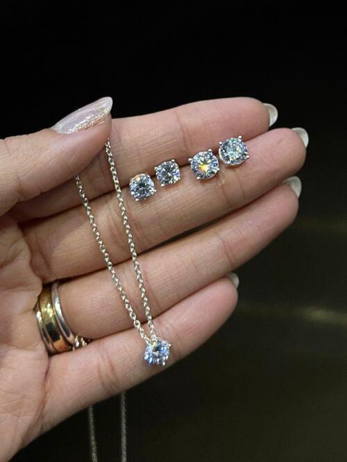 Conjunto Colar e Brinco Solitário Ponto de Luz de Prata