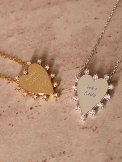 Colar de Prata Cora��o Cravejado Personalizado