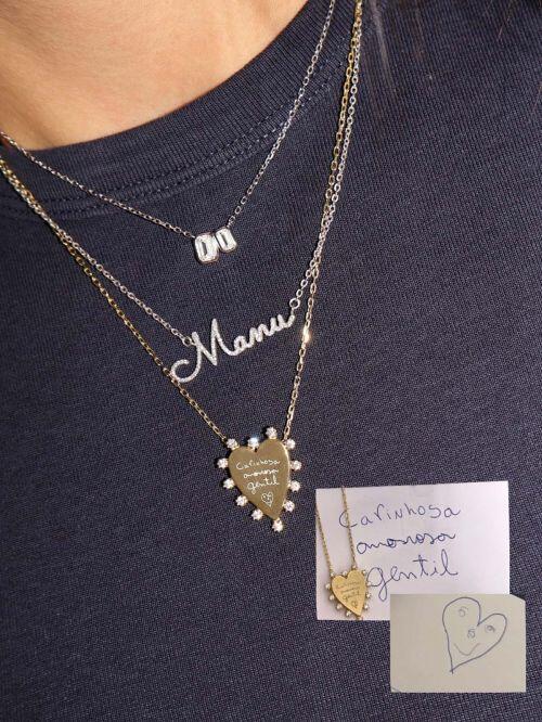 Colar de Prata Cora��o Cravejado Personalizado