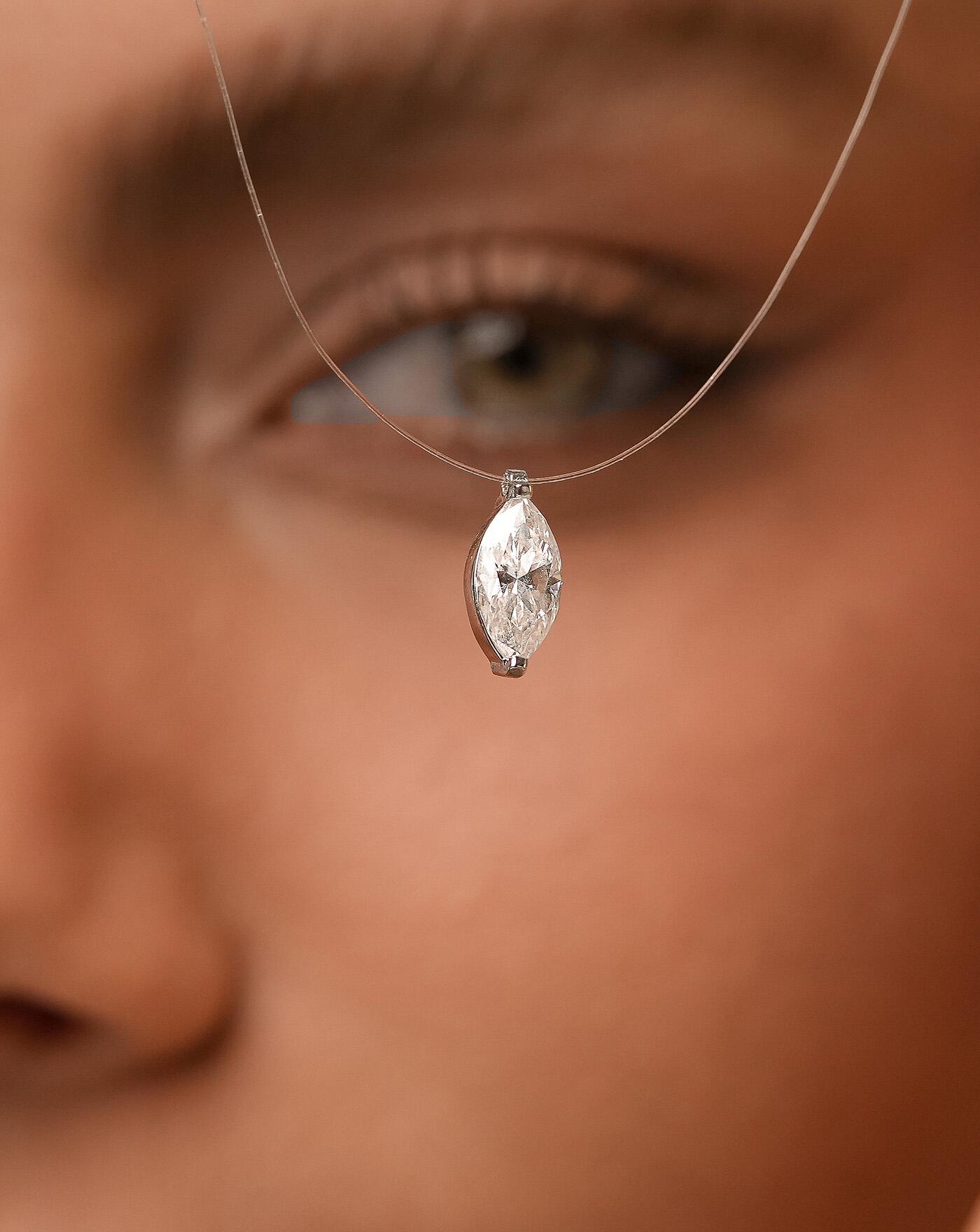 Colar de Prata Nylon Invisível Navete Moissanite 1ct