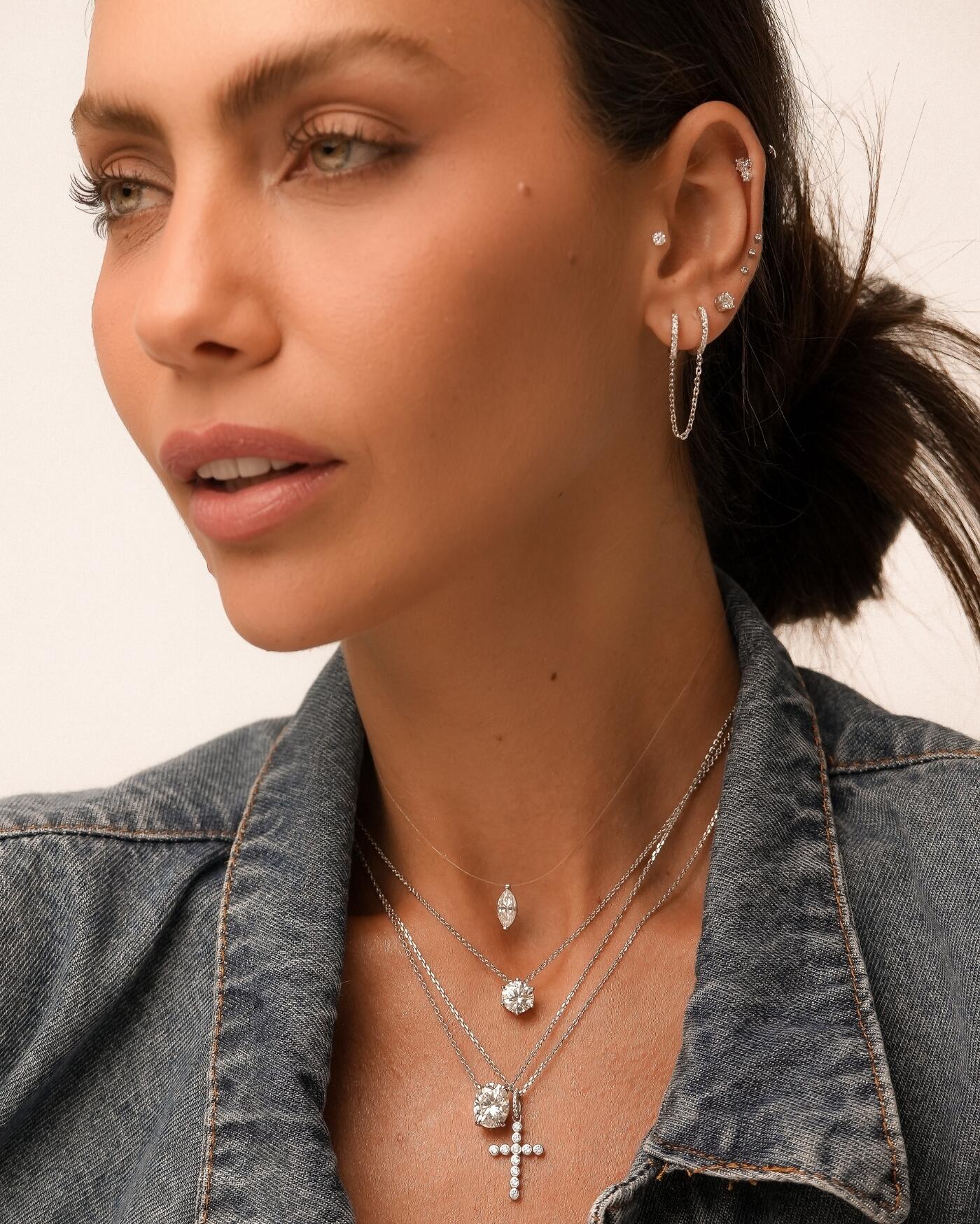 Colar de Prata Nylon Invisível Navete Moissanite 1ct