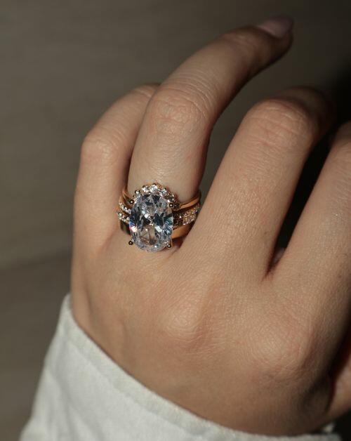 Conjunto de Prata Anel Solitário Oval Cravejado