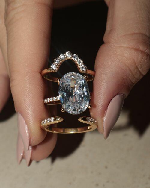 Conjunto de Prata Anel Solitário Oval Cravejado