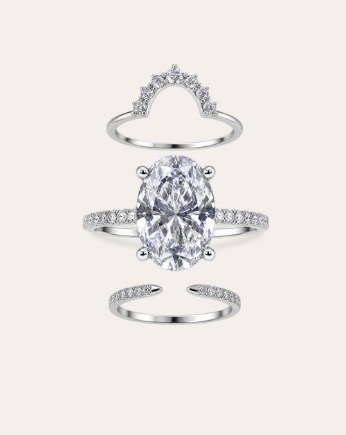 Conjunto de Prata Anel Solit�rio Oval Cravejado