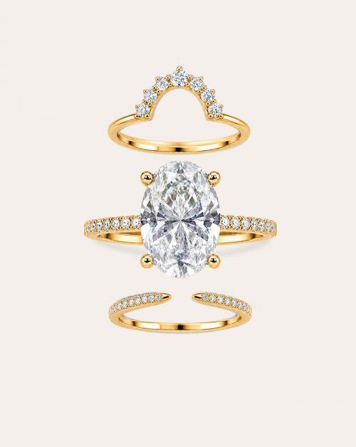 Conjunto de Prata Anel Solitário Oval Cravejado