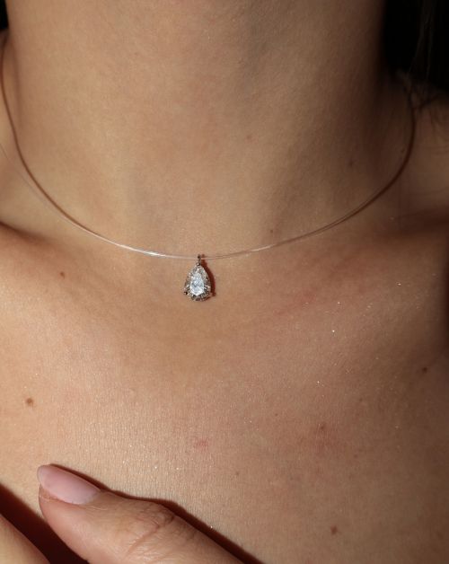 Colar de Prata Ponto de Luz Invisível Nylon Gota Moissanite