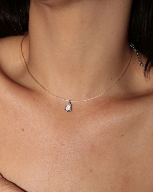 Colar de Prata Ponto de Luz Invisível Nylon Gota Moissanite
