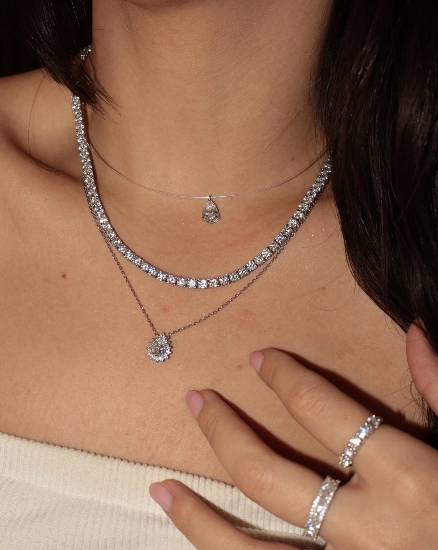 Colar de Prata Ponto de Luz Invisível Nylon Gota Moissanite