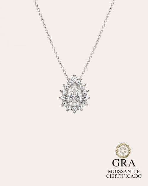 Colar de Prata Gota Moldura Cravejada Moissanite 1.6ct