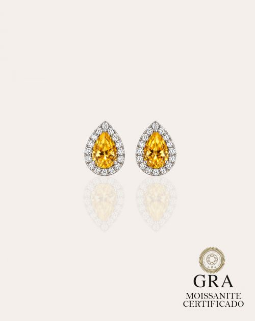 Brinco de Prata Gota com Moldura Yellow Moissanite 1.7ct
