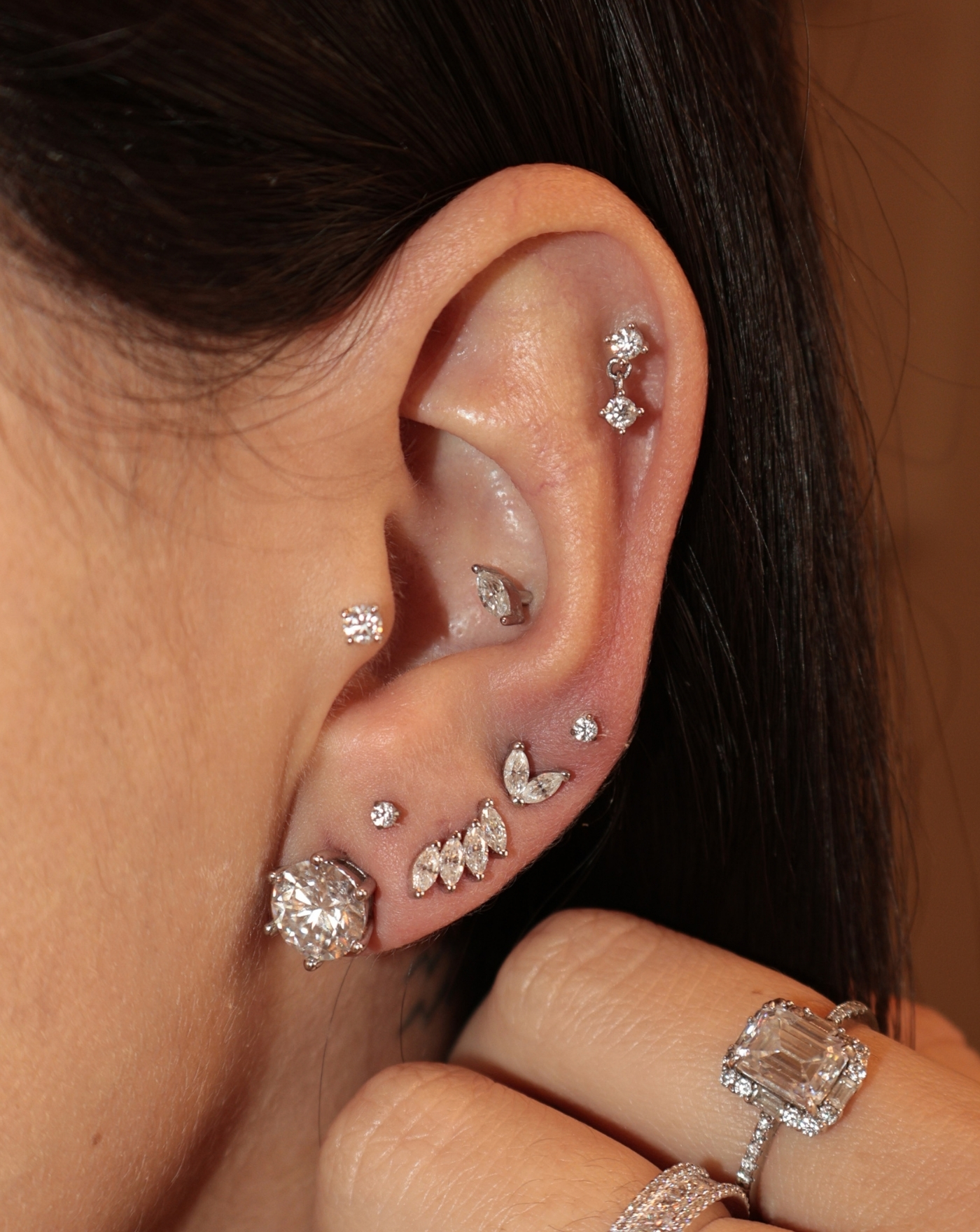 Brinco de Prata Ear Cuff Mini Navetes Moissanite 0.56ct