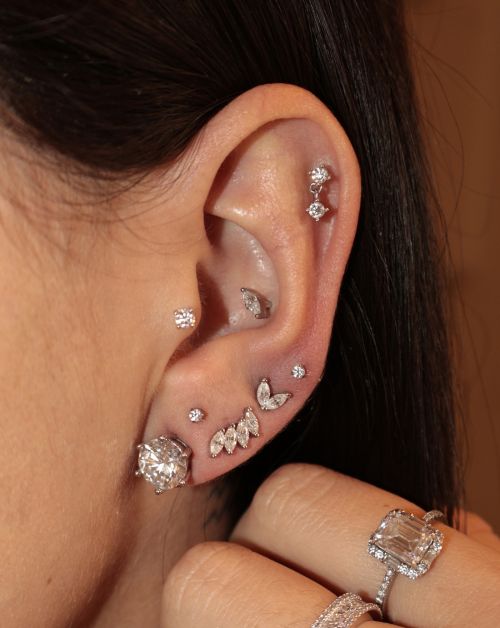 Brinco de Prata Ear Cuff Mini Navetes Moissanite 0.56ct