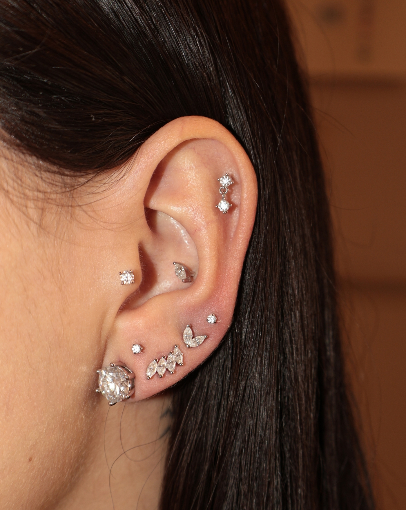 Brinco de Prata Ear Cuff Mini Navetes Moissanite 0.56ct
