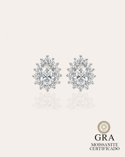 Brinco de Prata Gota Moldura Cravejada Moissanite 3.1ct