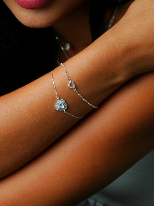 Pulseira de Prata Coração Cravejado Vazado