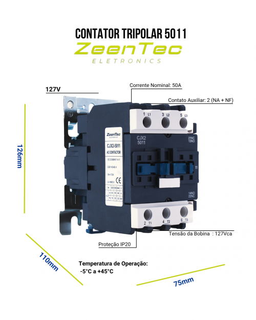 Comprar Contator Tripolar 5011 50a 3p+na+nf 20/30cv Zeentec 220
